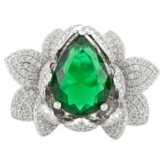 Silvorra 925 Silver Pear Cut Green & White Zircon Lotus Petal Cocktail Ring
