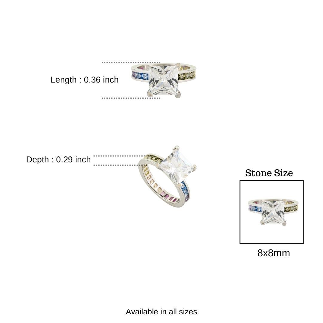 For Sale:  Silvorra 925 Silver Princess Cut Solitaire Ring with Rainbow Cubic Zirconia Band 10