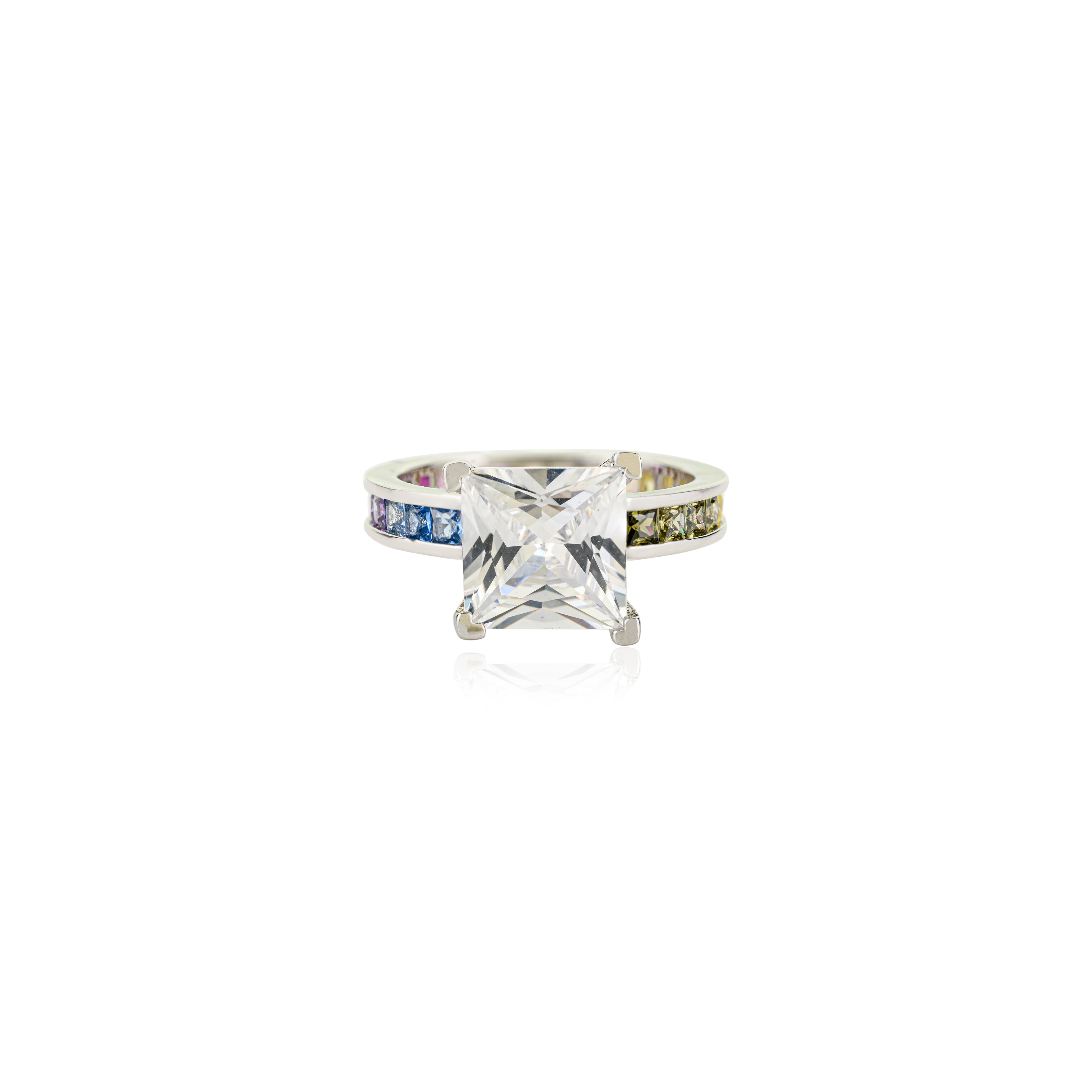 For Sale:  Silvorra 925 Silver Princess Cut Solitaire Ring with Rainbow Cubic Zirconia Band 2