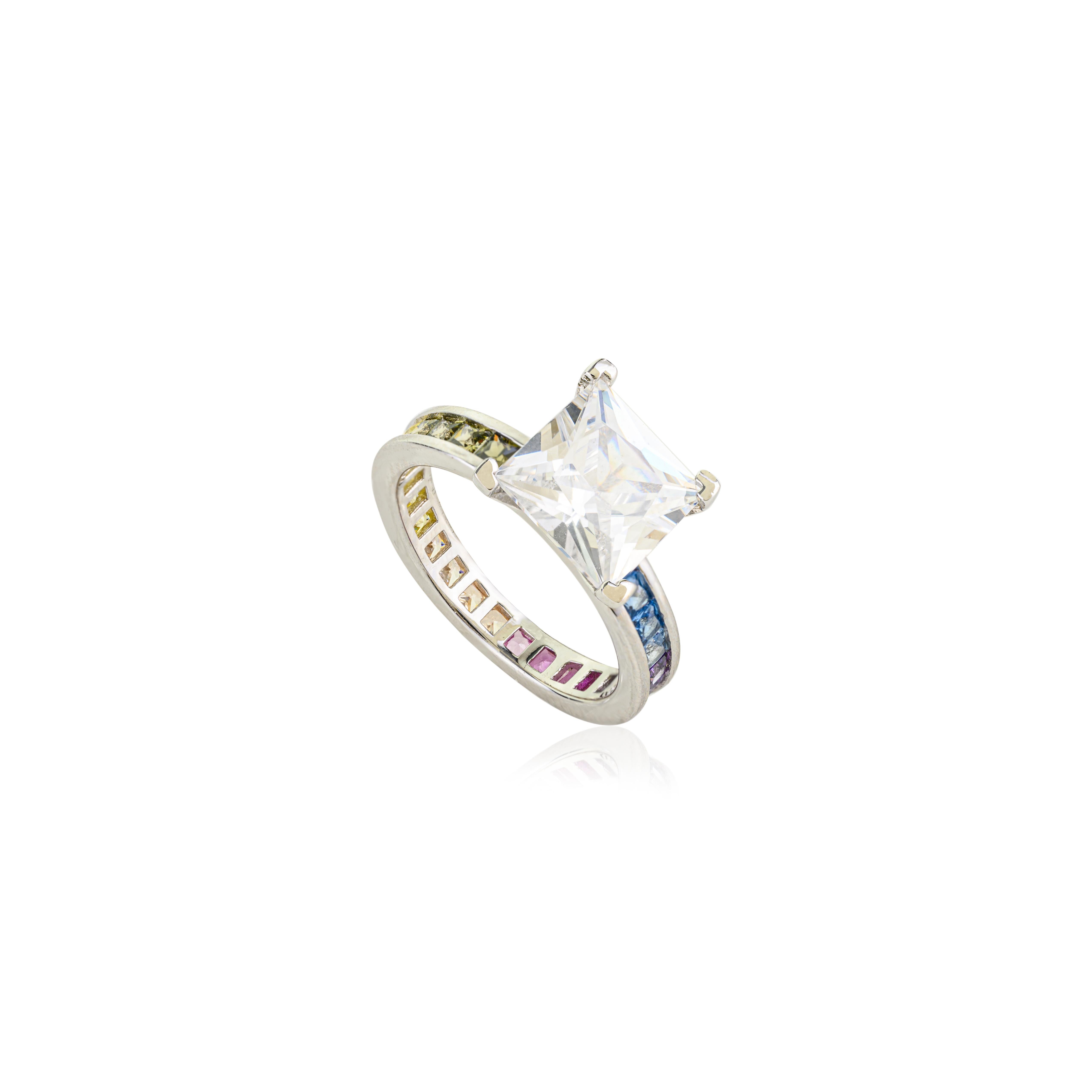 For Sale:  Silvorra 925 Silver Princess Cut Solitaire Ring with Rainbow Cubic Zirconia Band 4