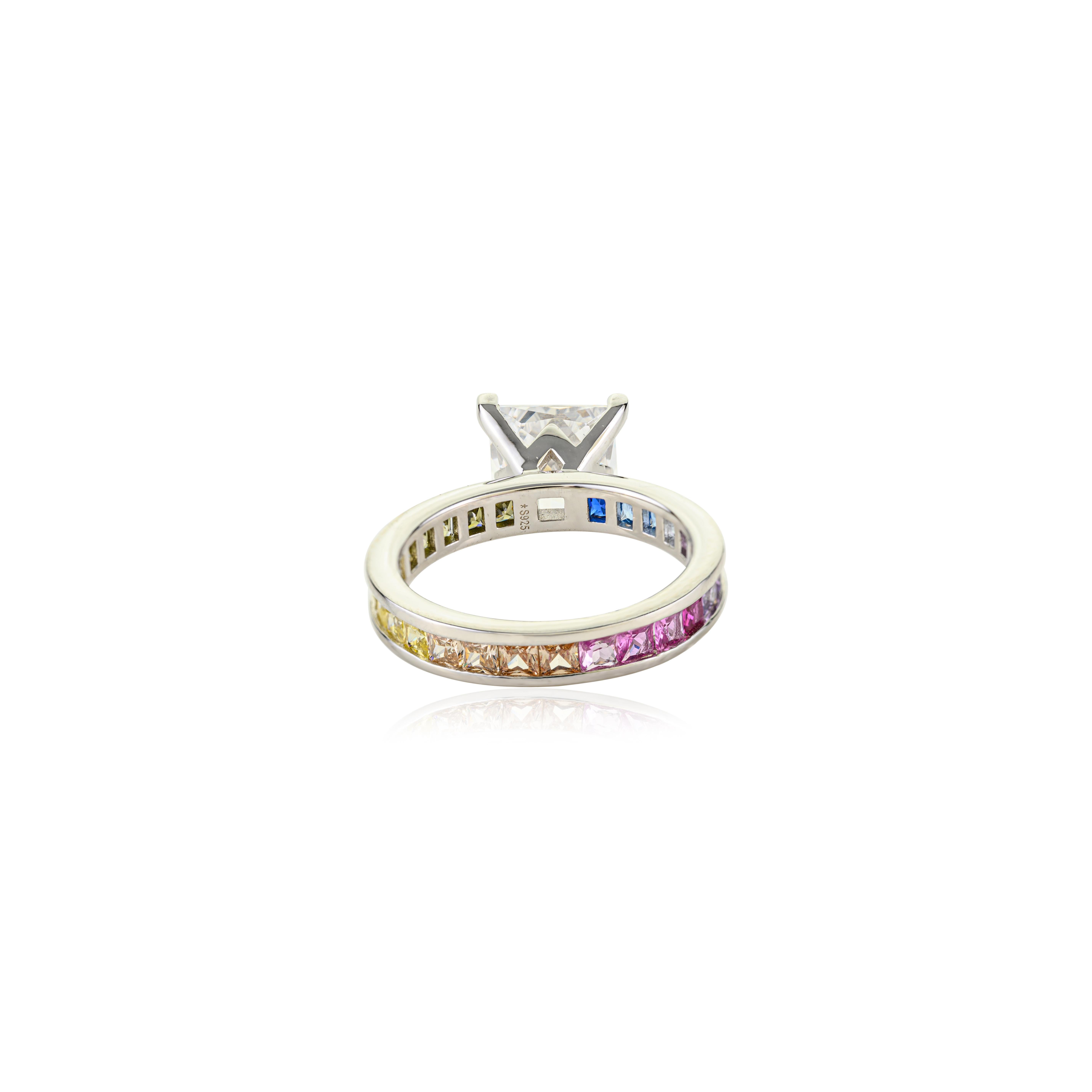 For Sale:  Silvorra 925 Silver Princess Cut Solitaire Ring with Rainbow Cubic Zirconia Band 6