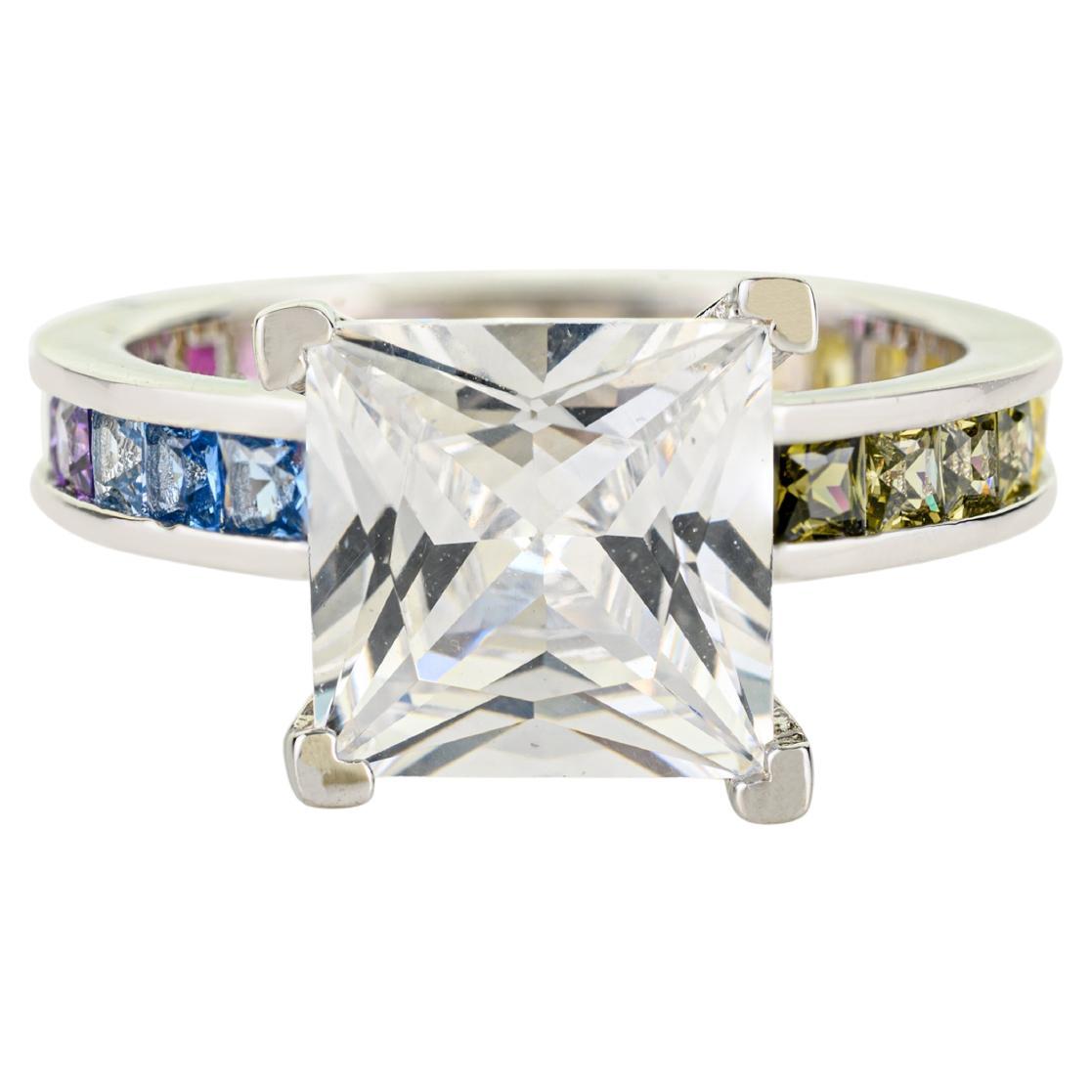 For Sale:  Silvorra 925 Silver Princess Cut Solitaire Ring with Rainbow Cubic Zirconia Band