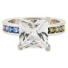 Silvorra 925 Silver Princess Cut Solitaire Ring with Rainbow Cubic Zirconia Band