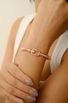 Silvorra 925 Silver Rose Gold Ribbed Buckle Cuff Bracelet with Zircon Accents
