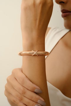 Silvorra 925 Silver RoseGold X Motif Tubogas Cuff Bracelet with White Zircon