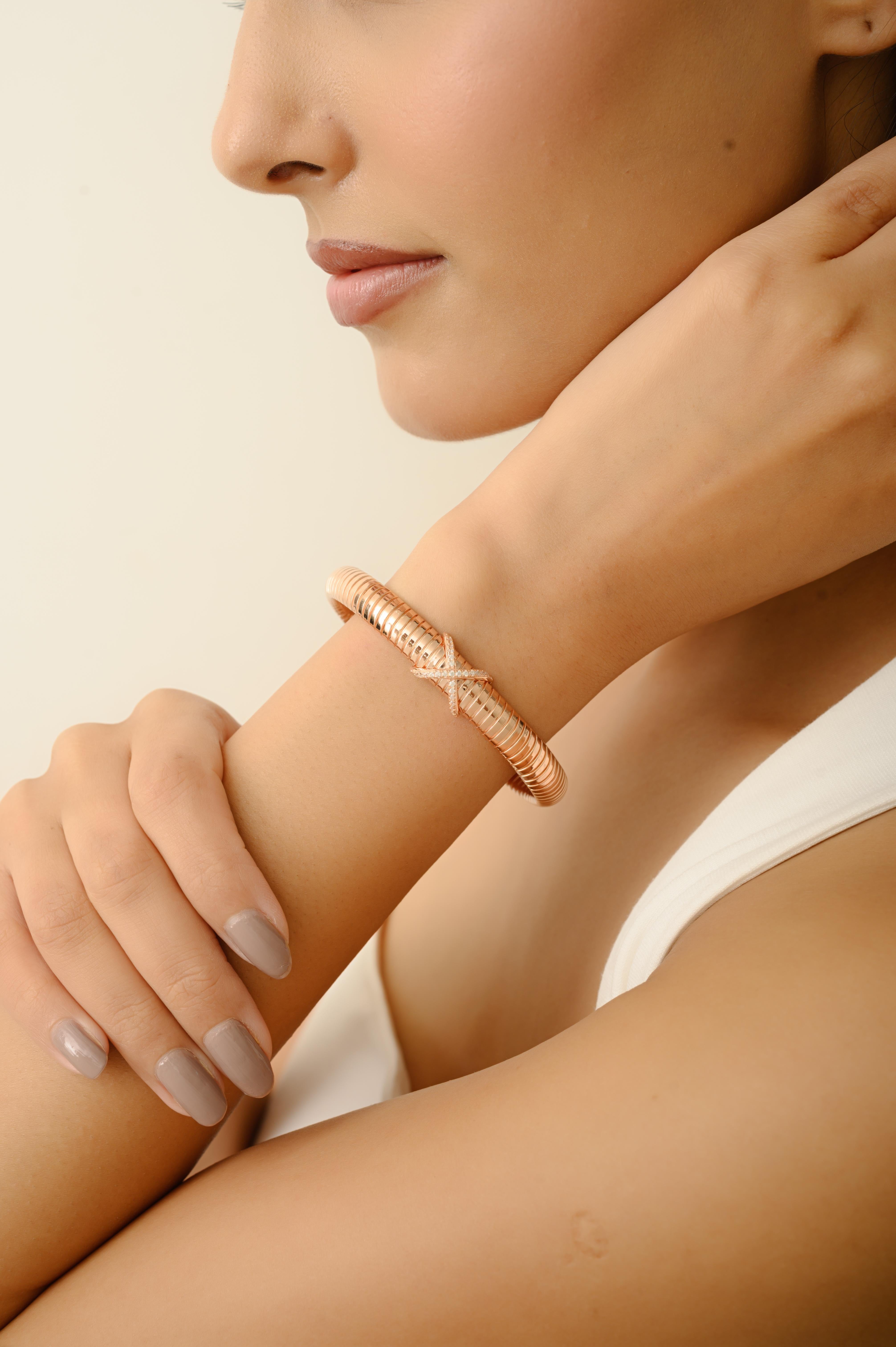 Donna Bracciale Tubogas con motivo X in argento 925 e oro rosa Silvorra con zircone bianco in vendita