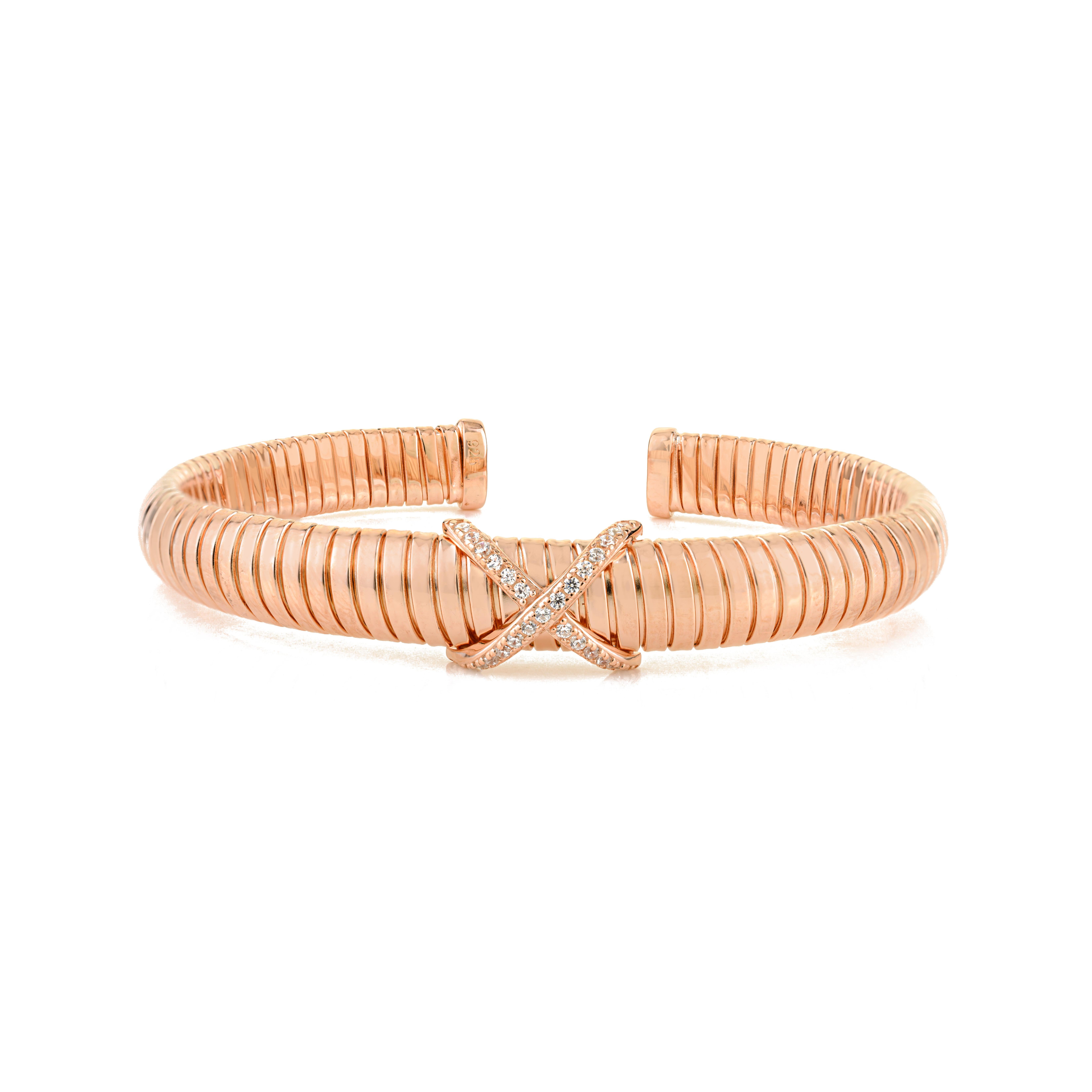 Bracciale Tubogas con motivo X in argento 925 e oro rosa Silvorra con zircone bianco in vendita 3