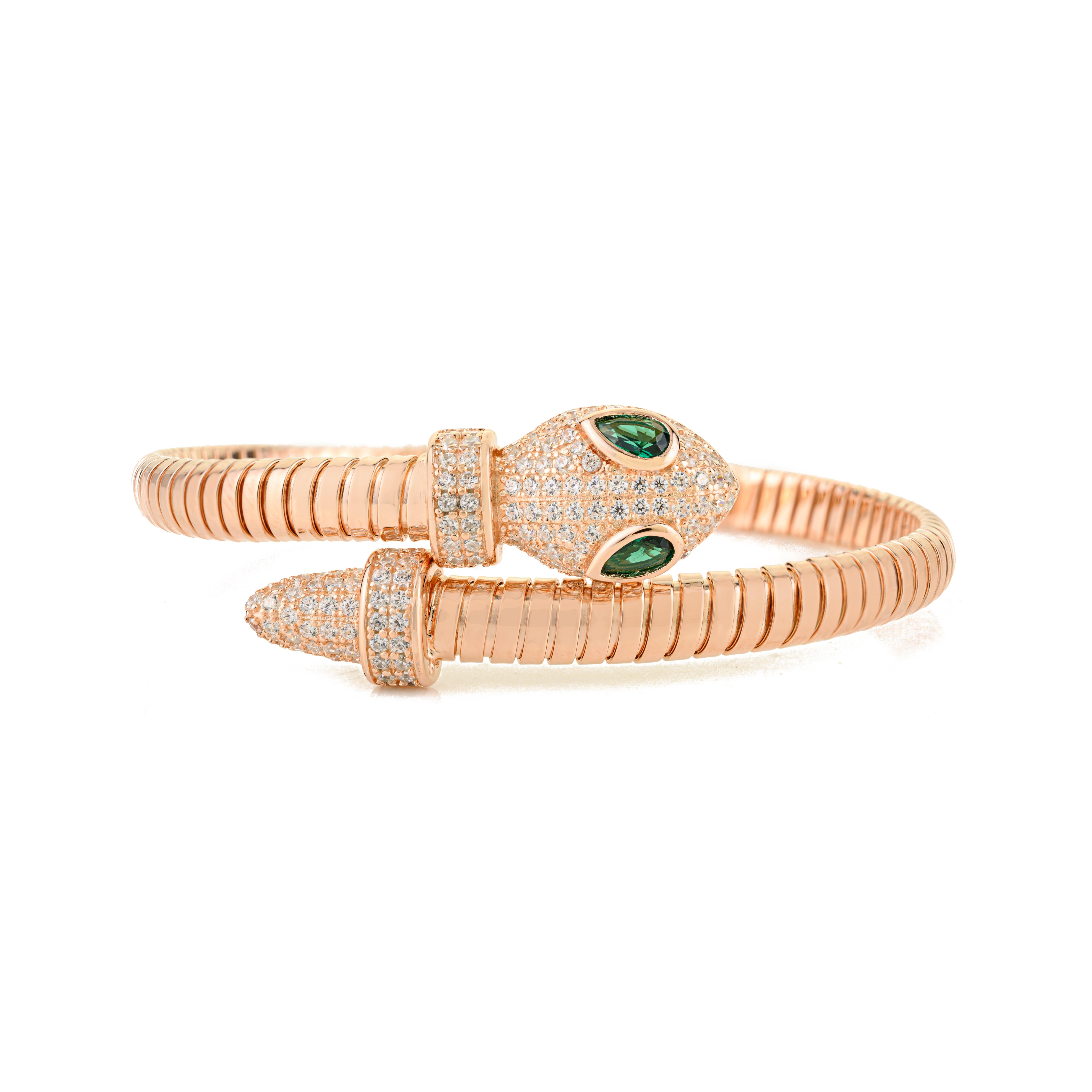 Bracciale in argento 925 Silvorra ispirato al serpente con zircone bianco e verde in vendita 3