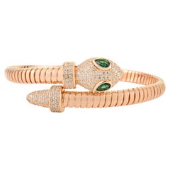 Silvorra 925 Silver Snake Inspired Cuff Bracelet with White & Green Cubic Zircon