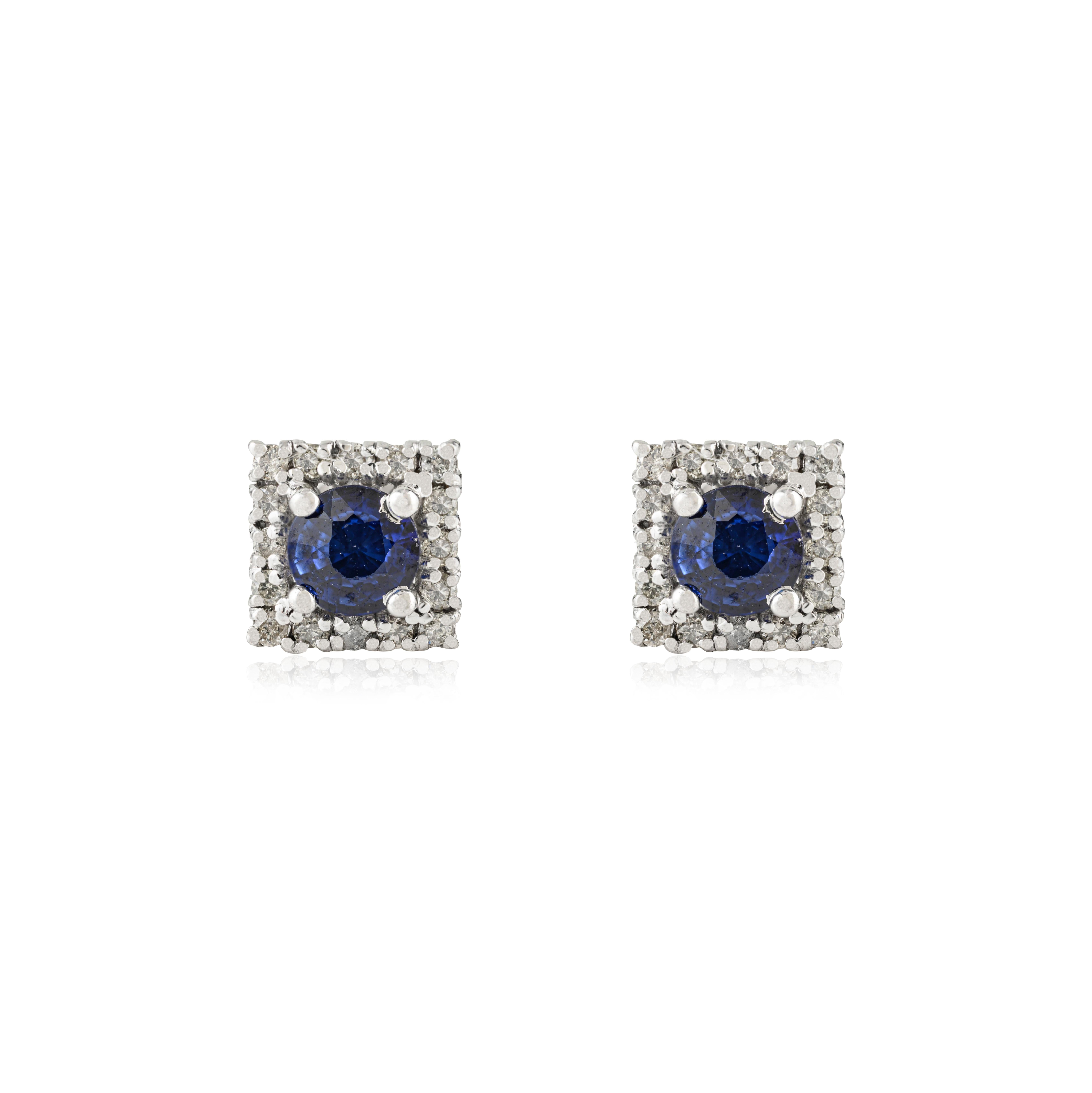 Silvorra 925 Silver Square Stud Earrings with Blue Sapphire & Diamond Halo In condizioni Nuovo in vendita a New York, NY