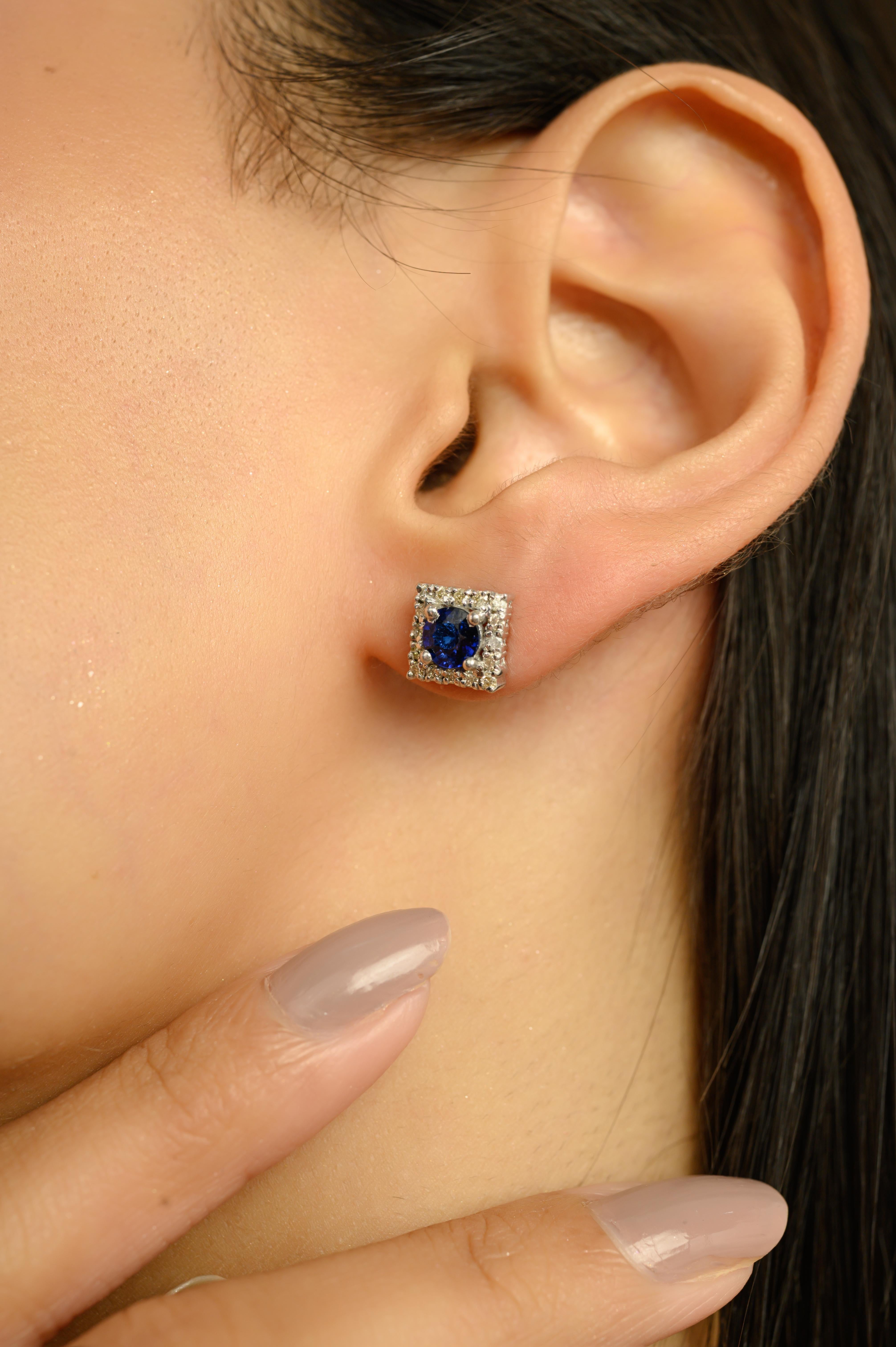 Donna Orecchini quadrati in argento 925 di Silvorra con zaffiro blu e diamanti a raggiera in vendita