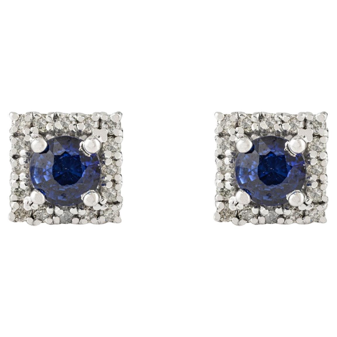 Silvorra 925 Silver Square Stud Earrings with Blue Sapphire & Diamond Halo