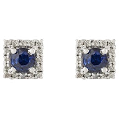 Silvorra 925 Silver Square Stud Earrings with Blue Sapphire & Diamond Halo