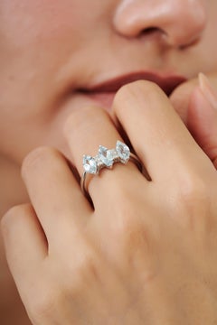 Silvorra 925 Silver Three Stone Marquise Aquamarine & Diamond Wedding Ring