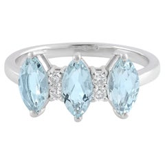 Silvorra 925 Silver Three Stone Marquise Aquamarine & Diamond Wedding Ring