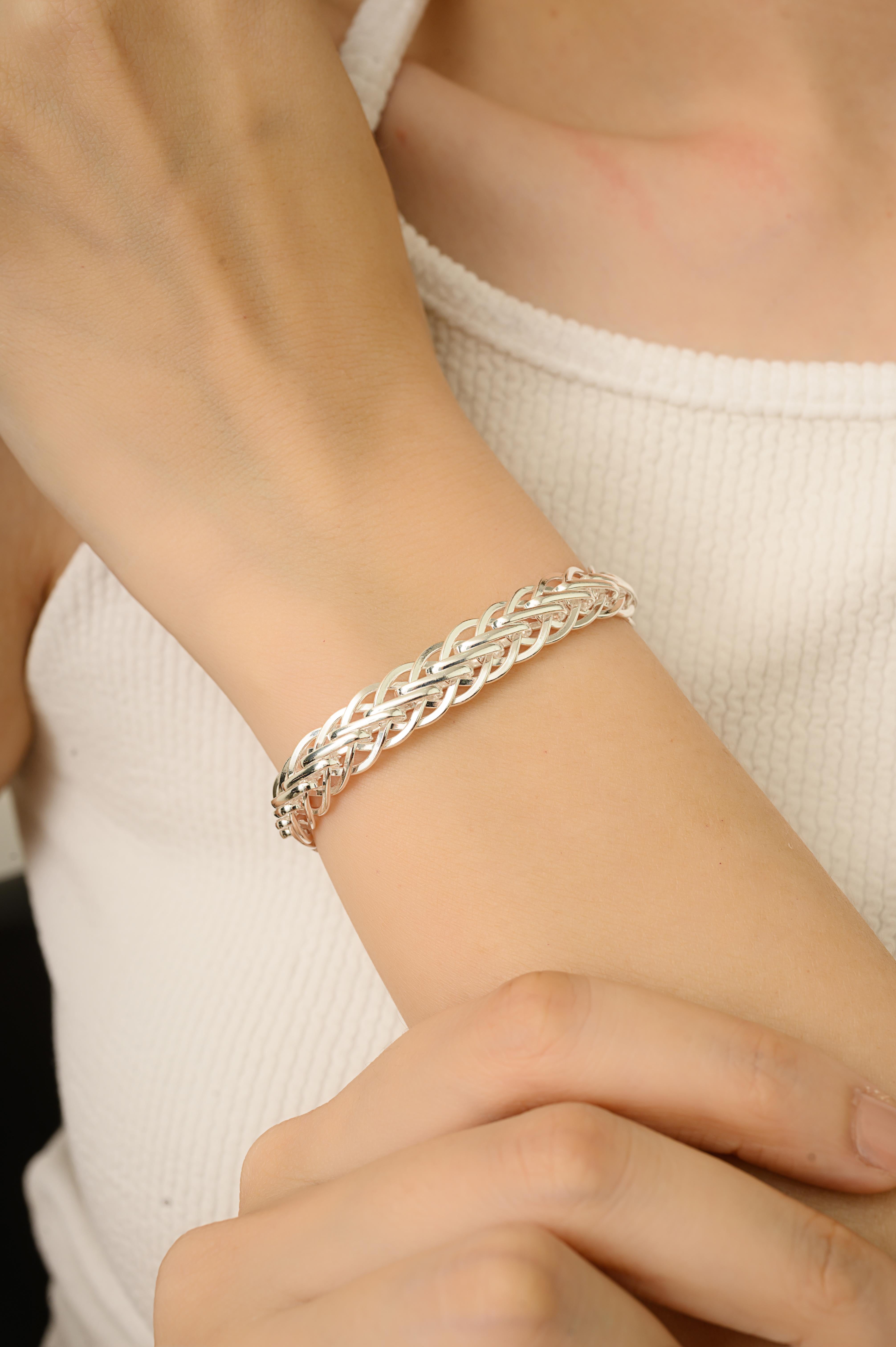 Silvorra 925 Silver Unique Braided Overlapped Link Chain Unisex Bracelet For Sale 6