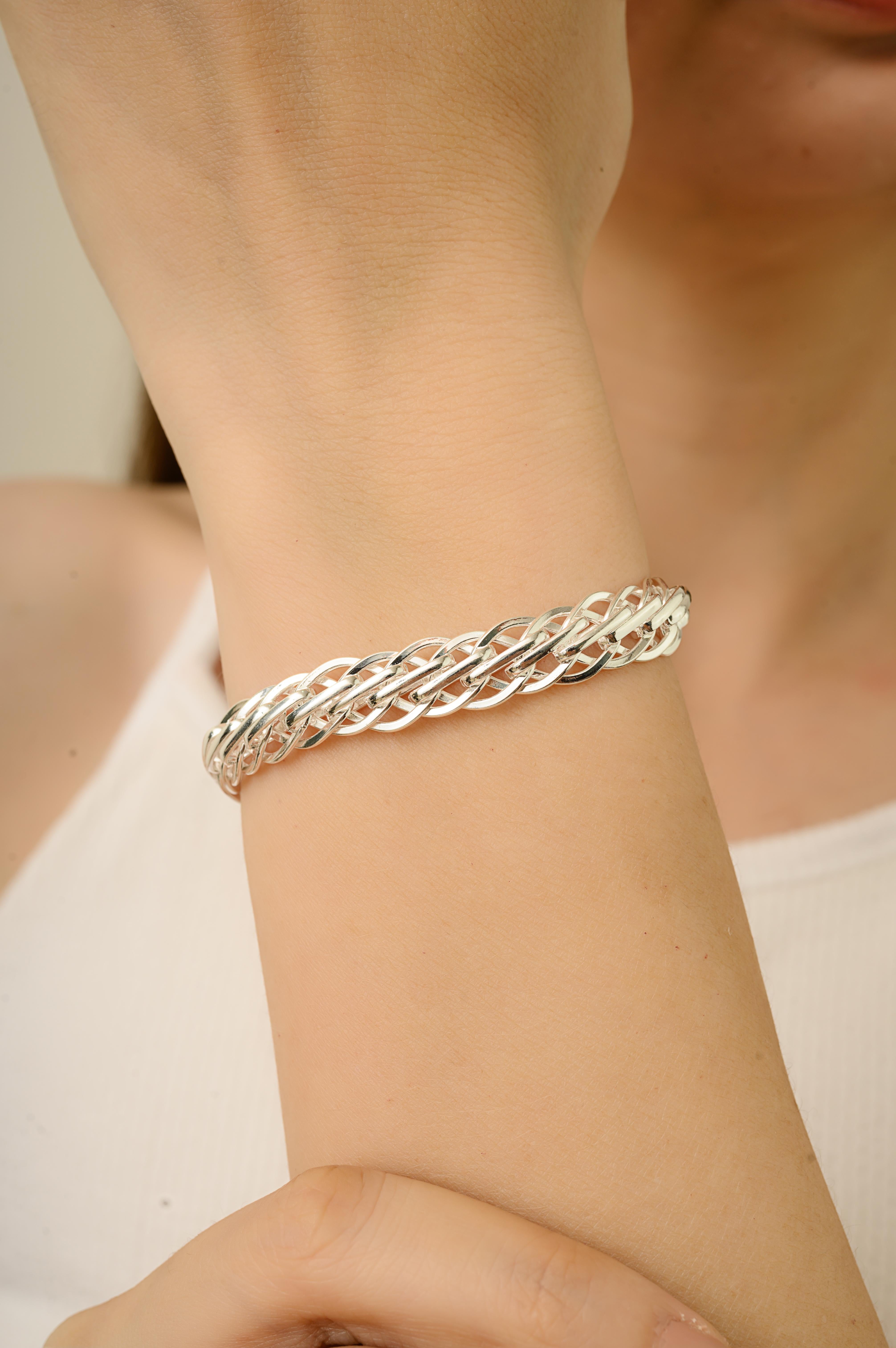 Silvorra 925 Silver Unique Braided Overlapped Link Chain Unisex Bracelet For Sale 2