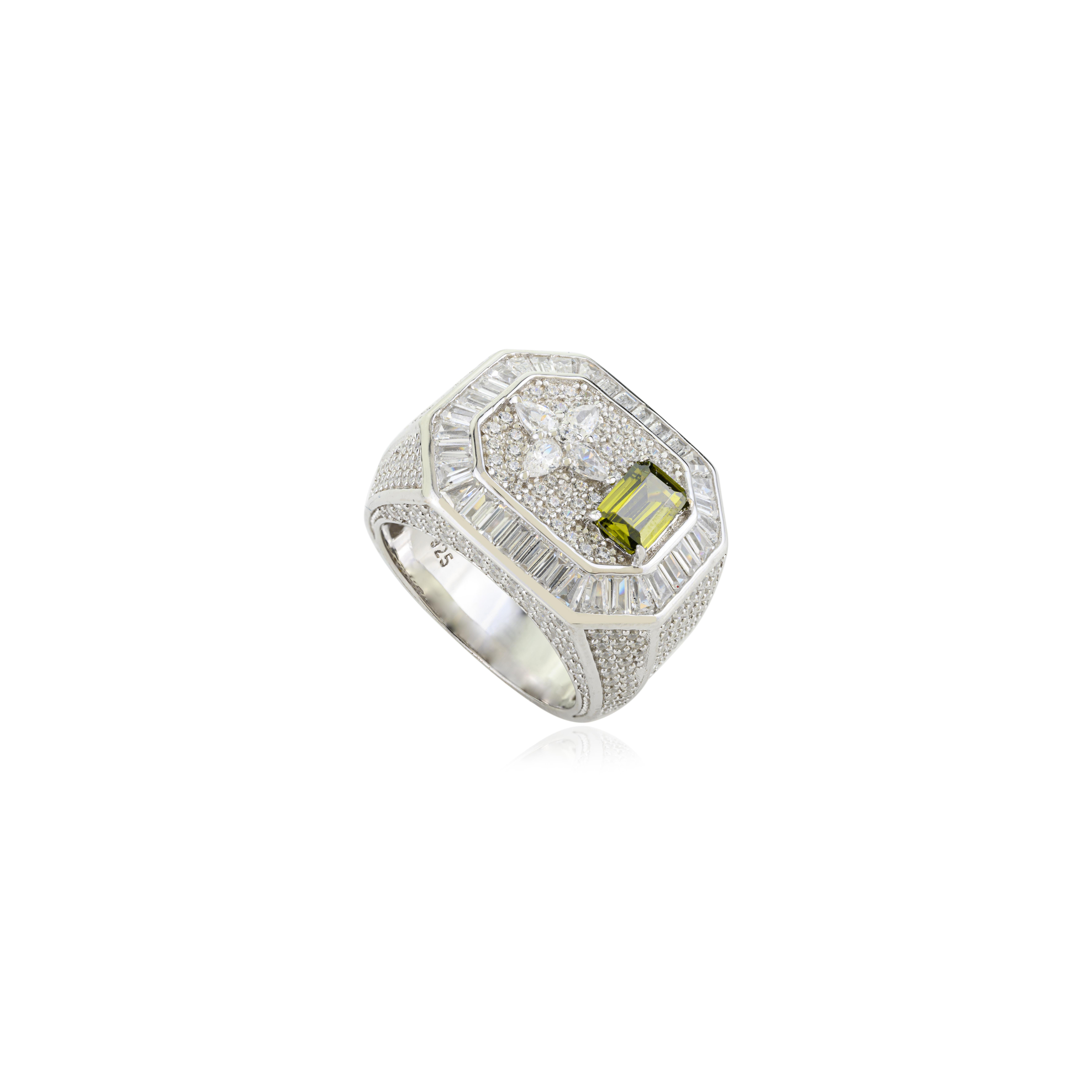 En vente :  Silvorra Bague unisexe en argent 925 avec zircon cubique vert et blanc 3