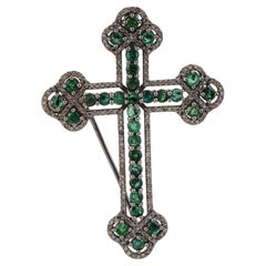 Silvorra 925 Silver Victorian Style Emerald & Diamond Cross Brooch Cum Pendant