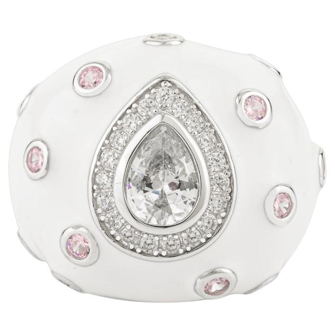 A Silver 925 Bague bombe en émail blanc avec pierre centrale en forme de goutte d'eau Whiting Stone