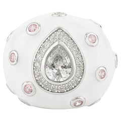 A Silver 925 Bague bombe en émail blanc avec pierre centrale en forme de goutte d'eau Whiting Stone