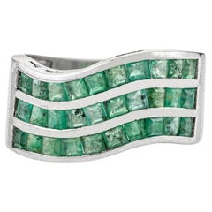 Silvorra 925 Solid Silver Natural Emerald Wave-Design Wide Band Ring for Women
