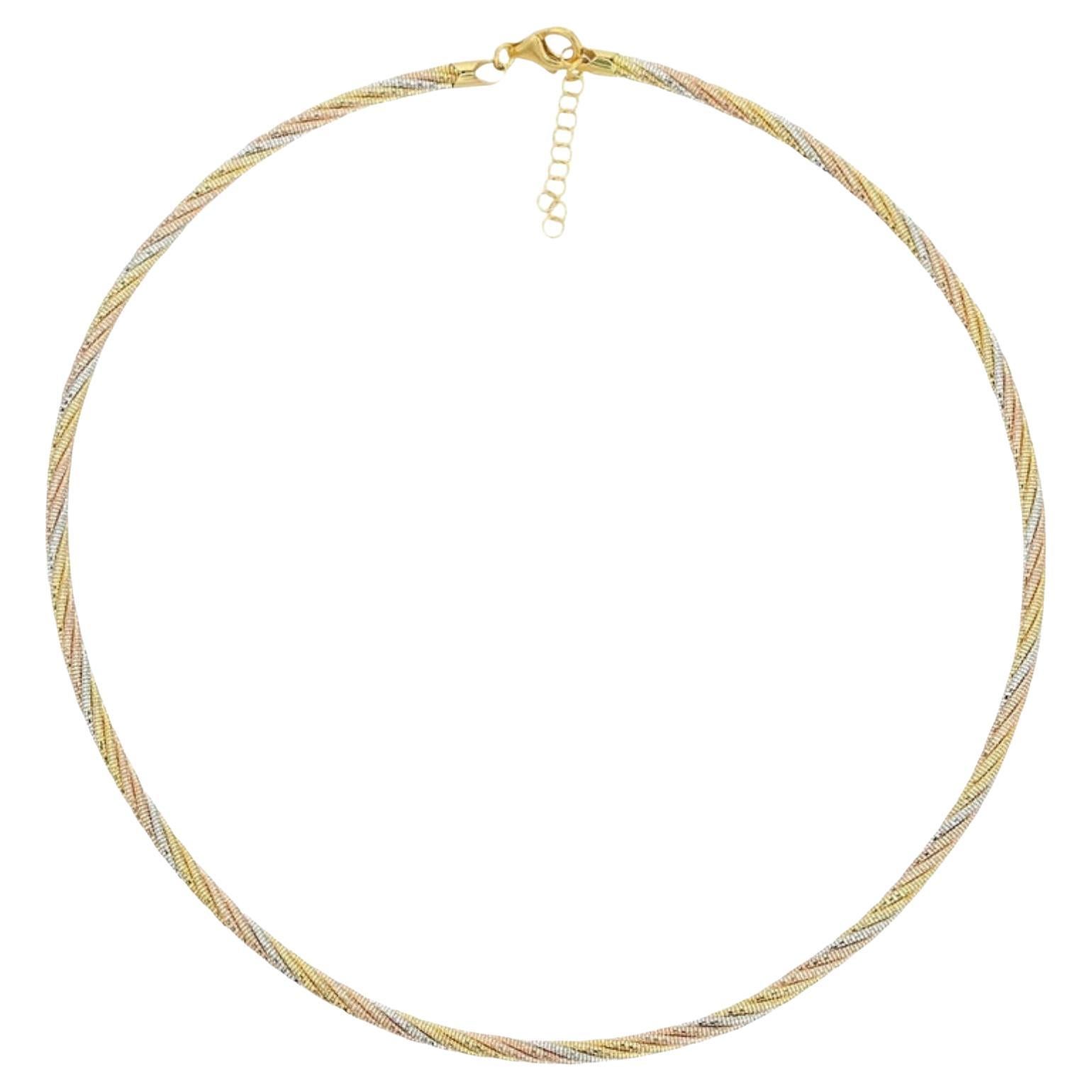 Silvorra 925 Solid Silver Rope Pattern Twisted Tri-Tone Choker Chain Necklace For Sale