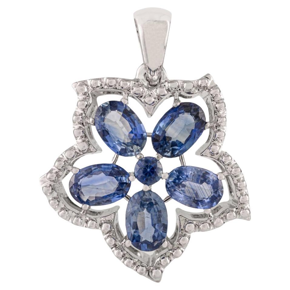 Ciondolo floreale in argento 925 A. Silver da 2,93 carati con zaffiro blu e zircone aureolato in vendita
