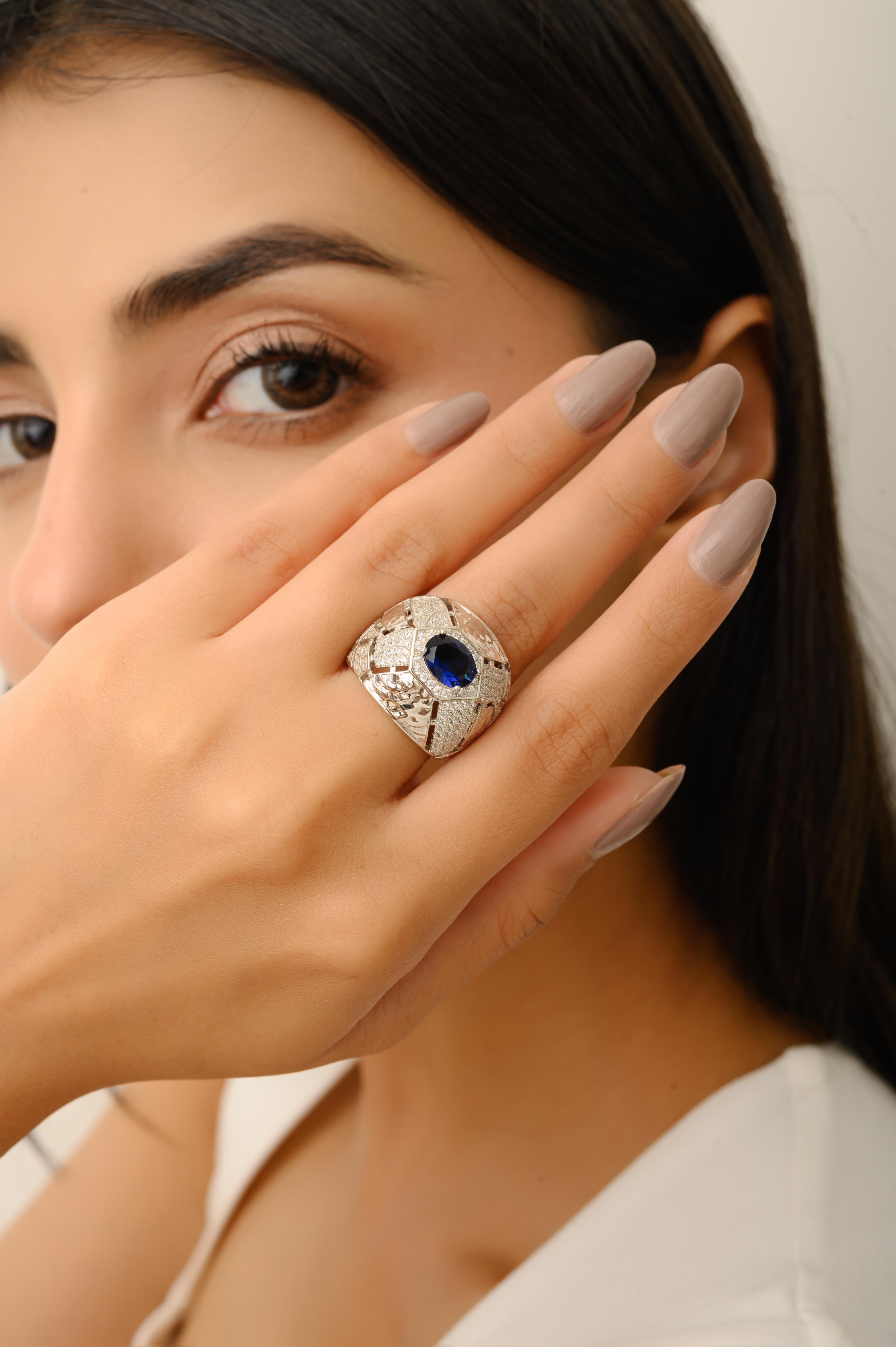 En venta: Silvorra Anillo de cúpula de cóctel de plata de ley 925 con circonita cúbica azul y blanca  2