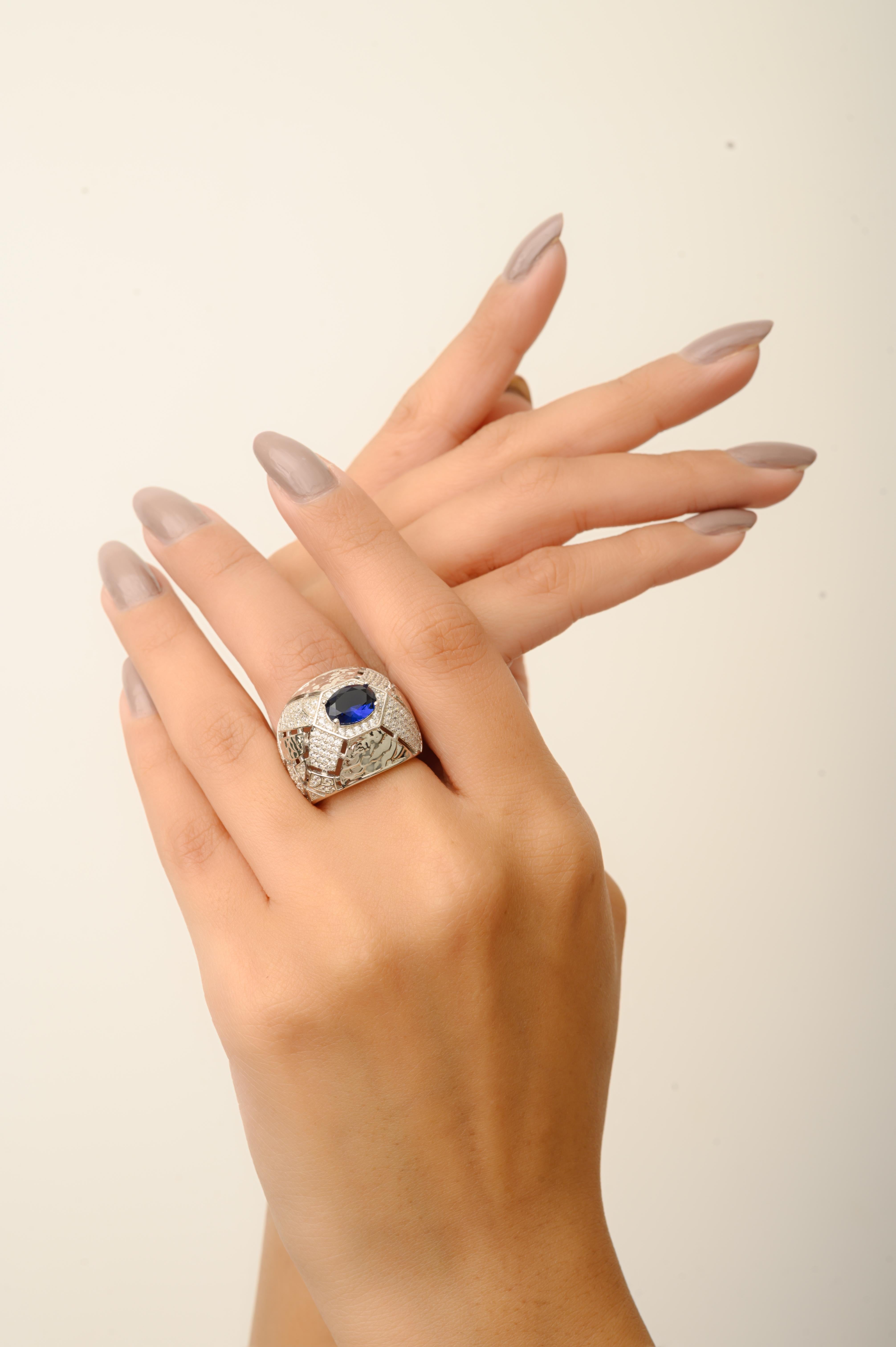 En venta: Silvorra Anillo de cúpula de cóctel de plata de ley 925 con circonita cúbica azul y blanca  6