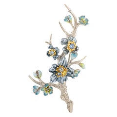 Silvorra 925 Sterling Silver Floral Branch Brooch with Blue Enamel and CZ Accent