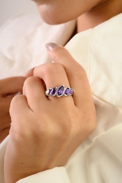 Silvorra 925 Sterling Silver Marquise-Cut Amethyst and White Zircon Band Ring