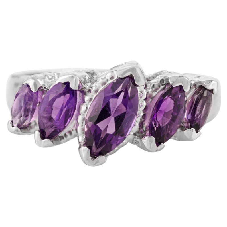Silvorra 925 Sterling Silver Marquise-Cut Amethyst and White Zircon Band Ring