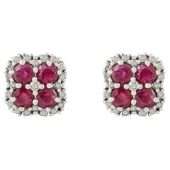 Silvorra 925 Sterling Silver Natural Ruby & Diamond Floral Cluster Earrings