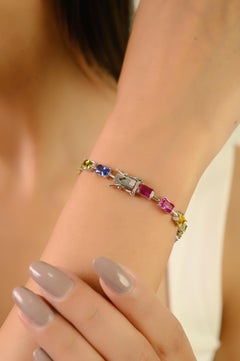 Silvorra 925 Sterling Silver Octagon Cut Rainbow Cubic Zirconia Link Bracelet