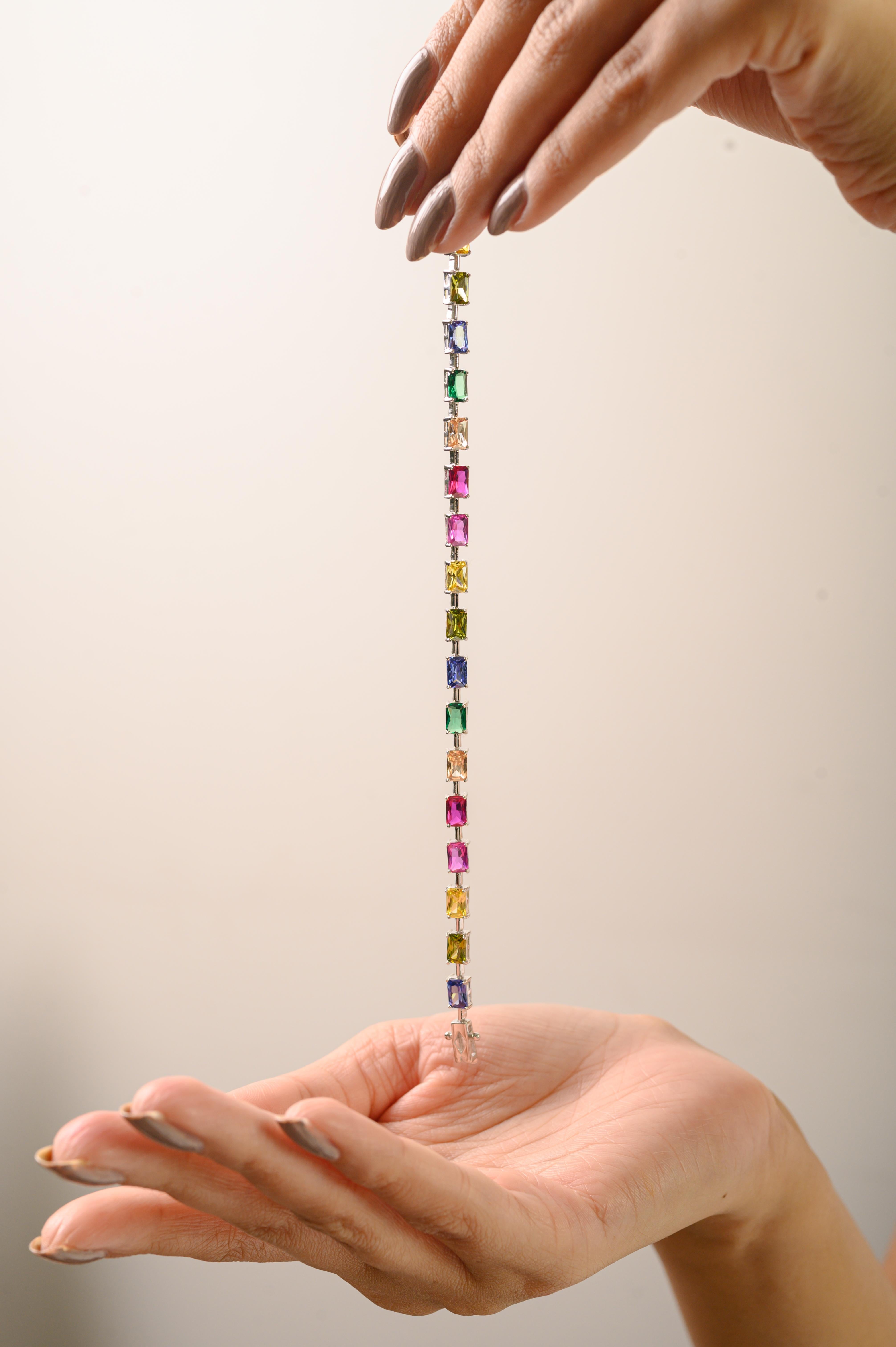 Silvorra 925 Sterling Silver Octagon Cut Rainbow Cubic Zirconia Link Bracelet For Sale 1