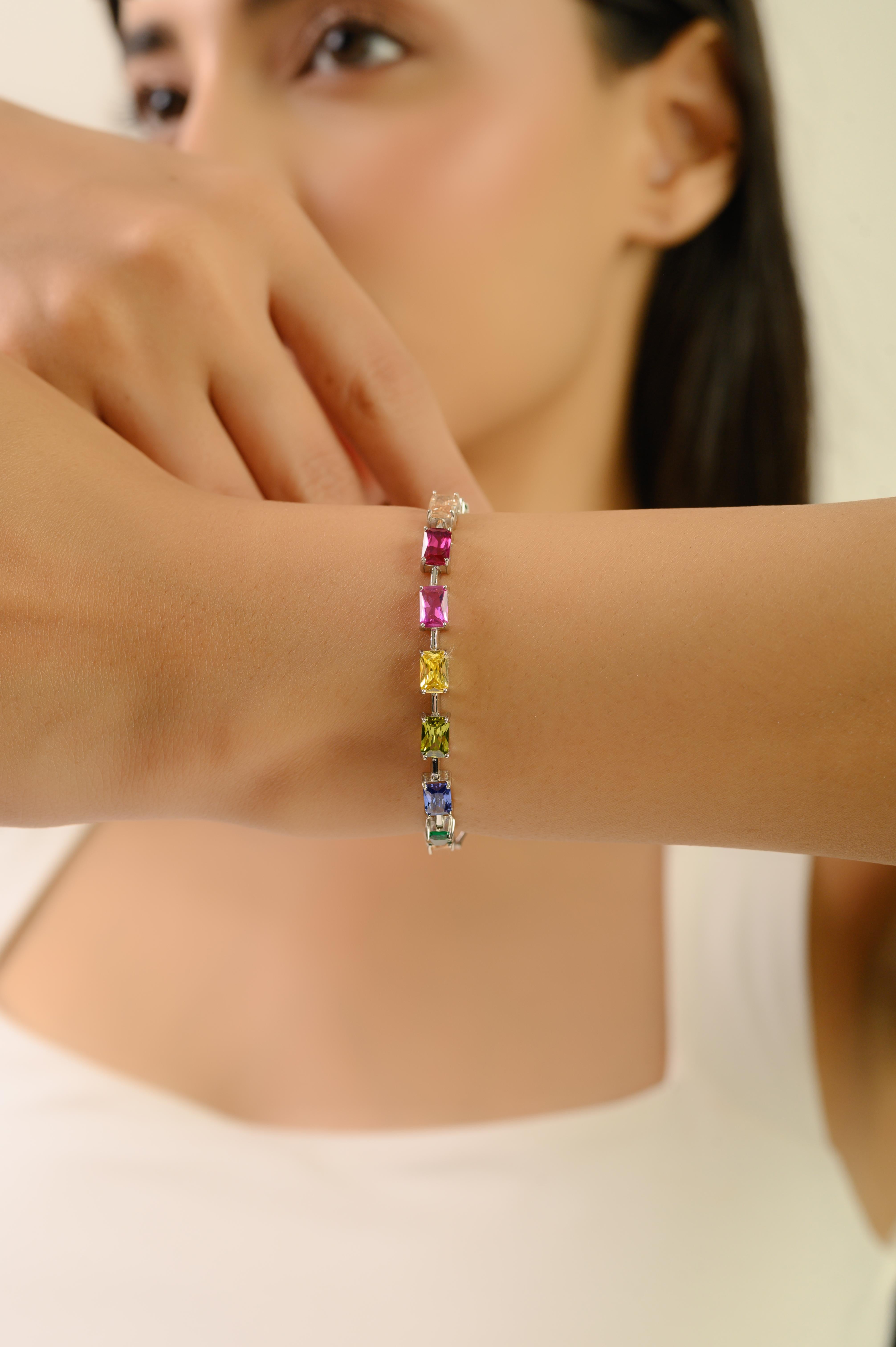 Silvorra 925 Sterling Silver Octagon Cut Rainbow Cubic Zirconia Link Bracelet For Sale 3
