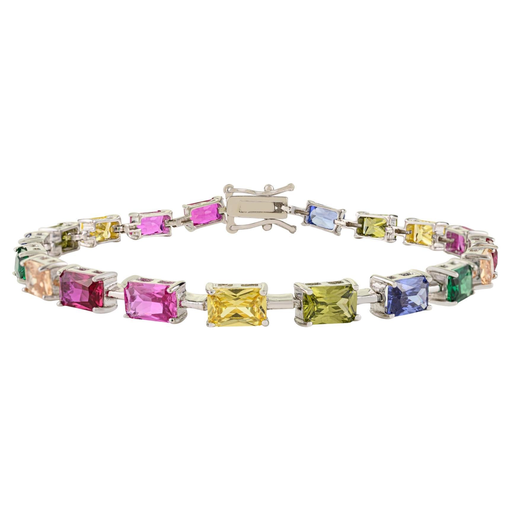 Silvorra 925 Sterling Silver Octagon Cut Rainbow Cubic Zirconia Link Bracelet For Sale