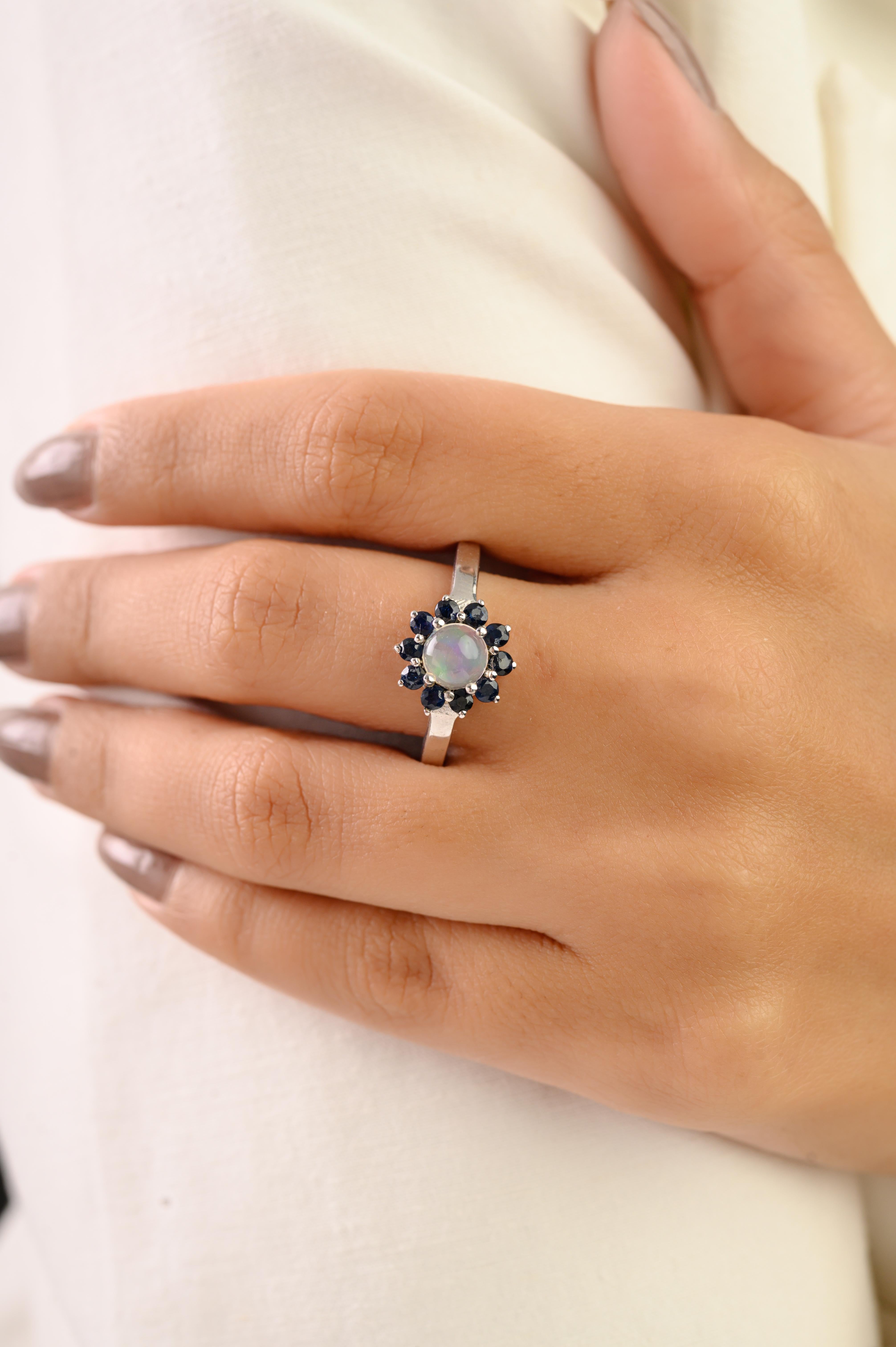 in vendita:  Anello aureola floreale con opale e zaffiro blu naturale in argento Sterling 925 Silvorra 4