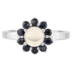 Silvorra 925 Sterling Silver Opal and Natural Blue Sapphire Floral Halo Ring