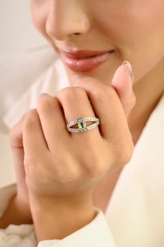 Silvorra 925 Sterling Silver Oval Cut Green Tourmaline and Diamond Bnad Ring