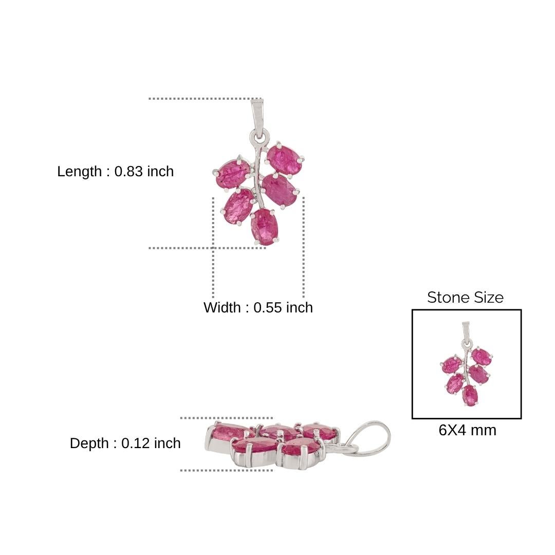A Silver 925 Sterling Ruby naturel taille ovale 2.54 Ct Leaf Cluster Pendentif en vente 3