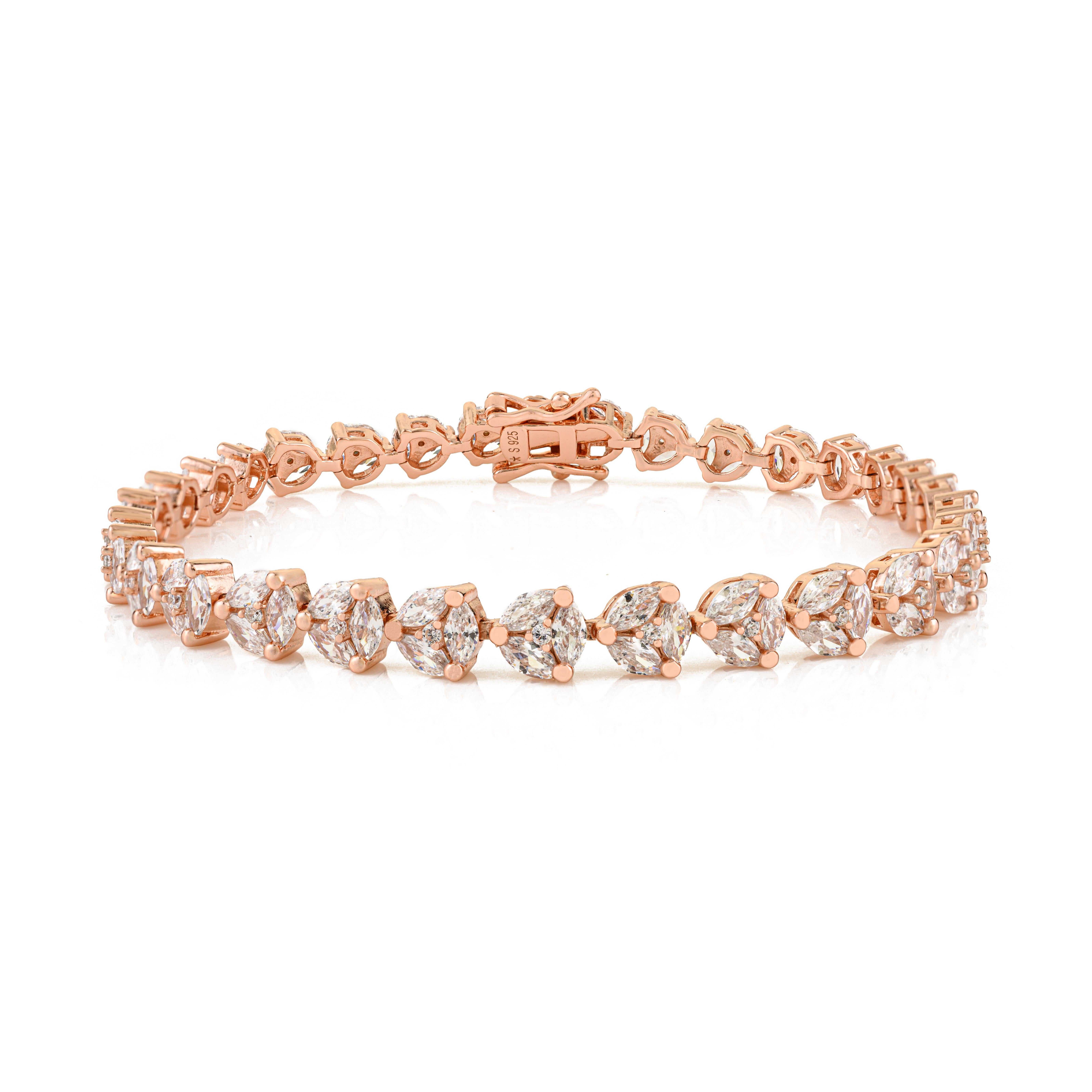 Bracciale tennis Silvorra in argento 925 e oro rosa con CZ marquise bianche in vendita 1