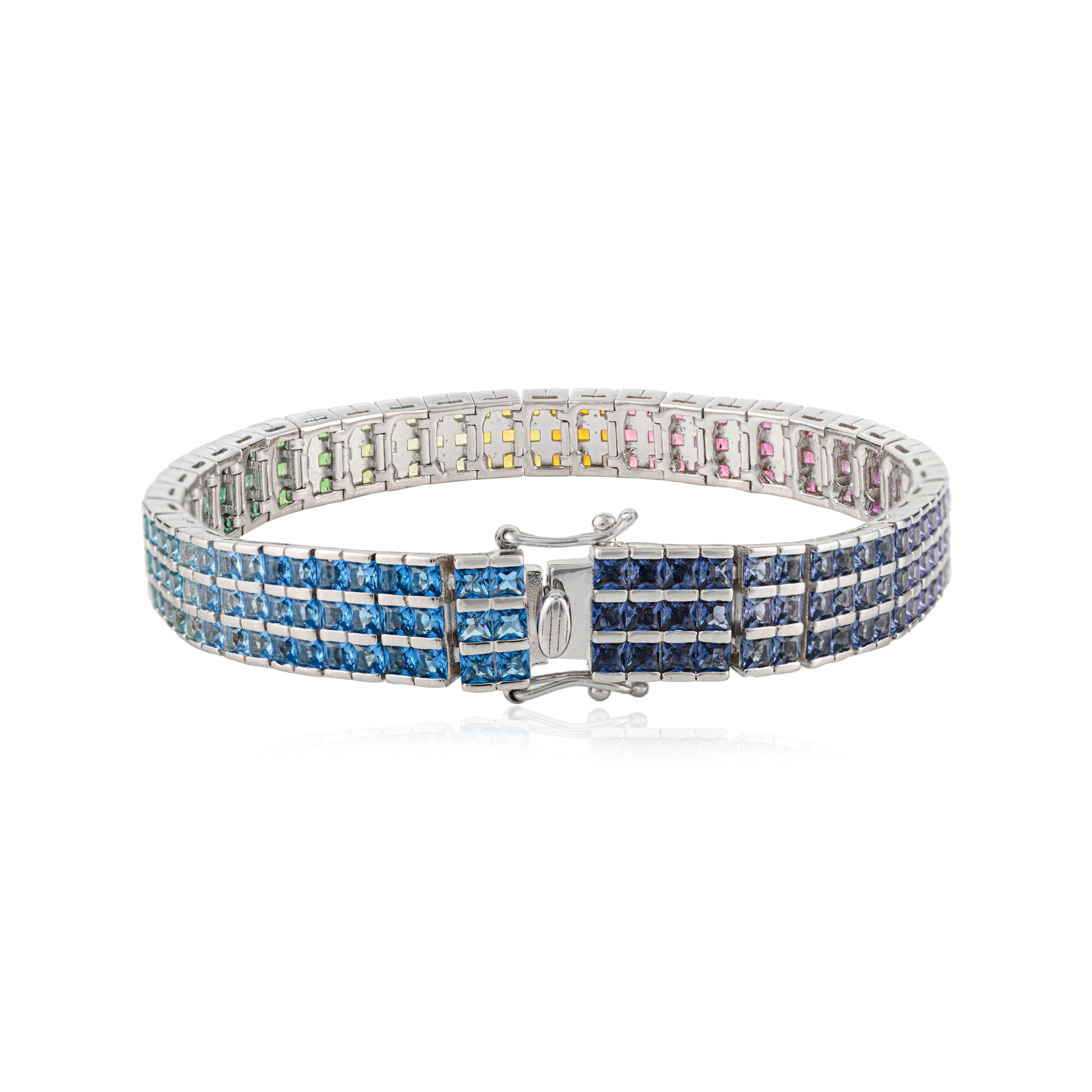 Silvorra 925 Sterling Silver Three Row MultiColor Cubic Zirconia Tennis Bracelet Art Decó en venta
