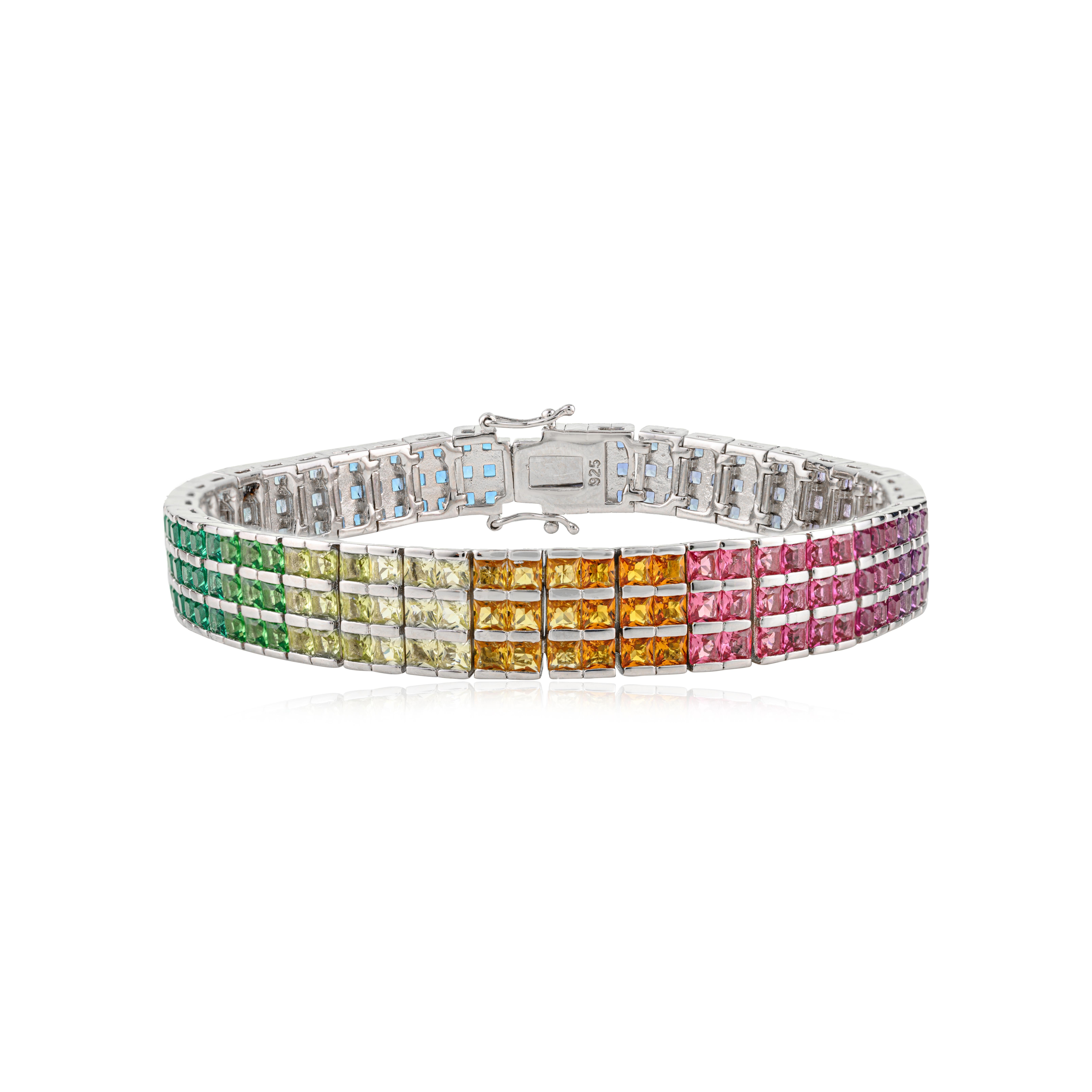 Silvorra 925 Sterling Silver Three Row MultiColor Cubic Zirconia Tennis Bracelet Corte cuadrado en venta