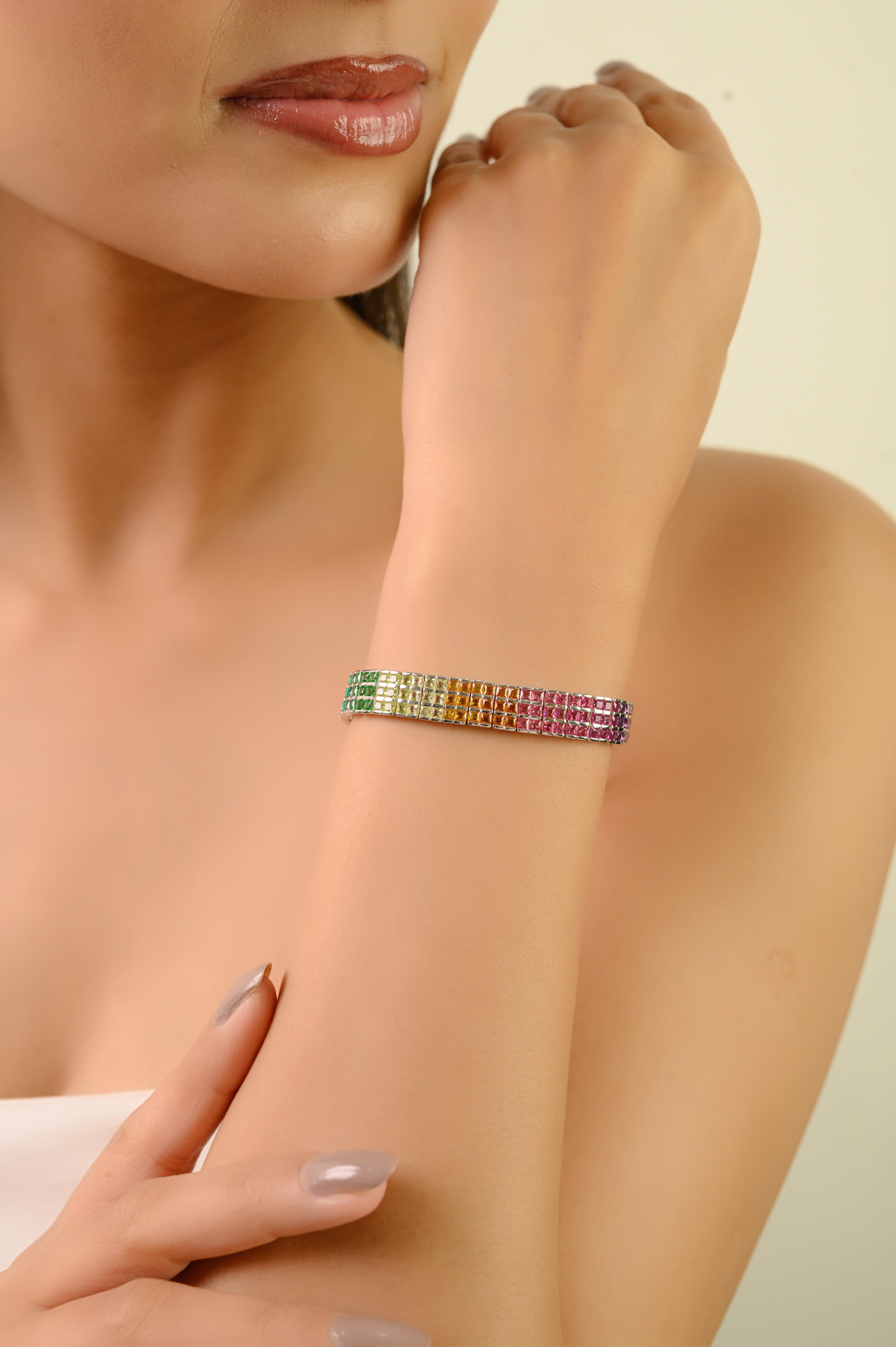 Silvorra Plata de Ley 925 Pulsera de tenis de tres filas de circonitas cúbicas multicolor en venta 2