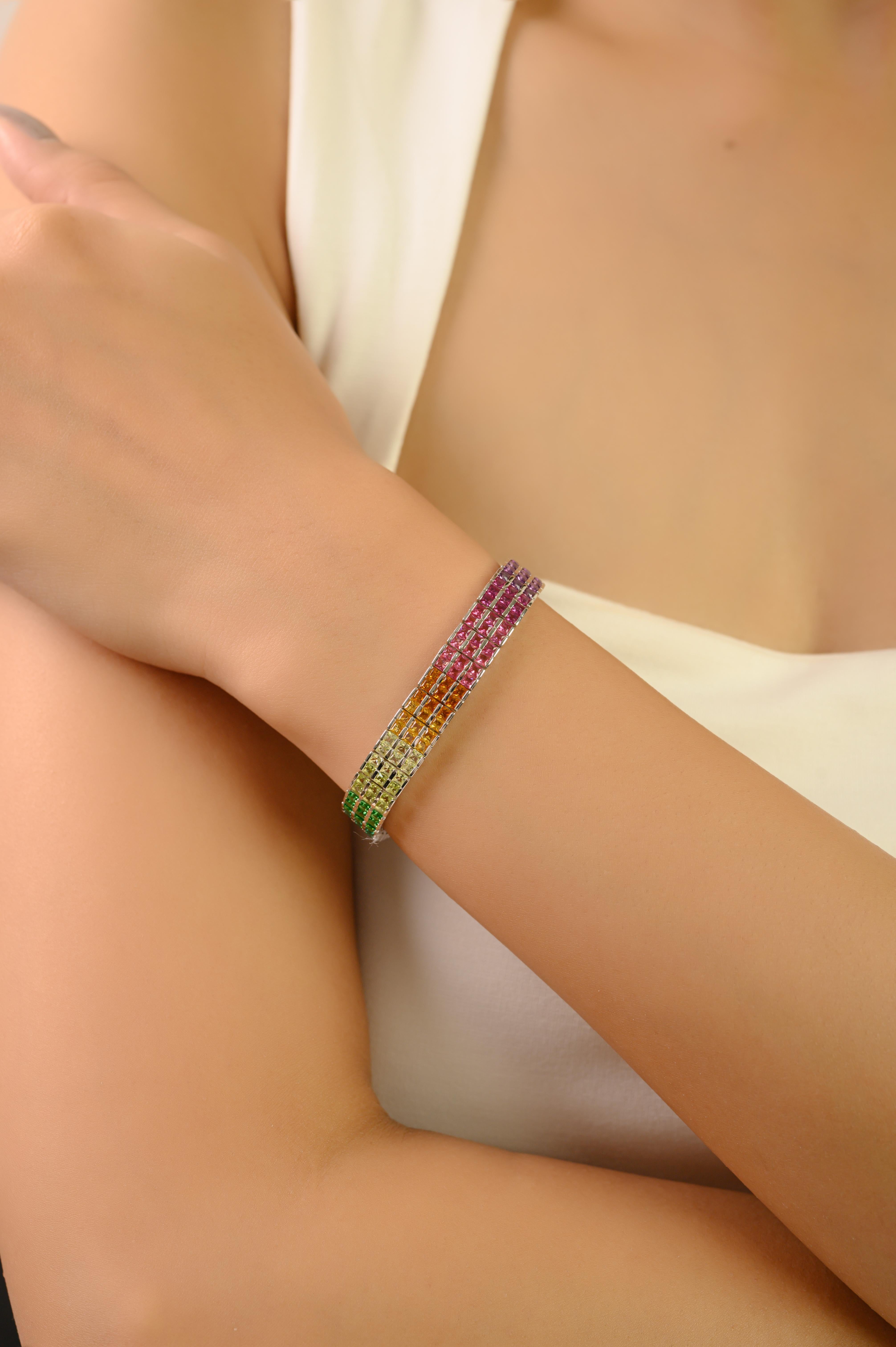 Silvorra Plata de Ley 925 Pulsera de tenis de tres filas de circonitas cúbicas multicolor Corte cuadrado en venta