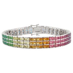 Silvorra 925 Sterling Silver Three Row MultiColor Cubic Zirconia Tennis Bracelet