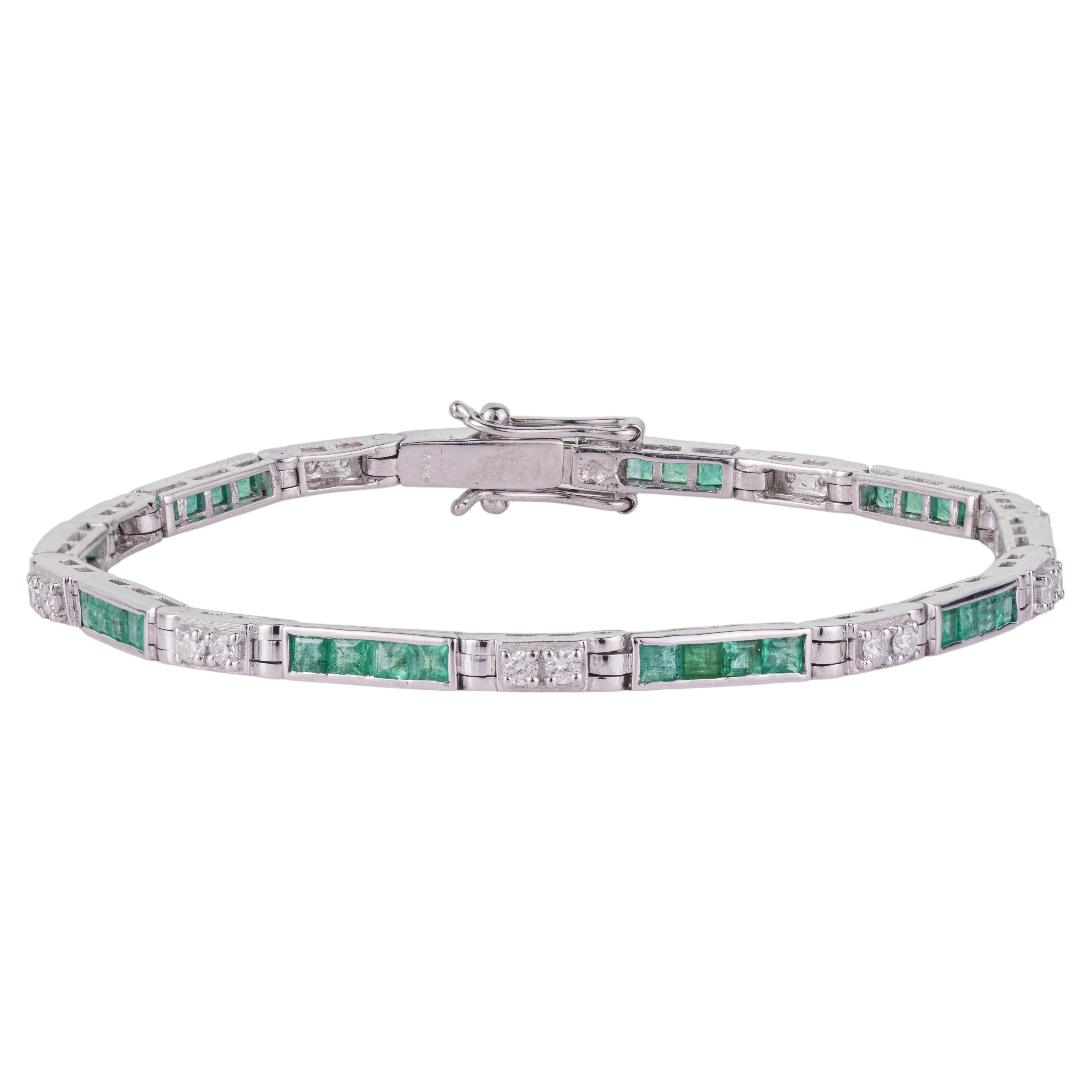 Silvorra Alternating Emerald Diamond Stackable Linear Bracelet in Solid Silver For Sale