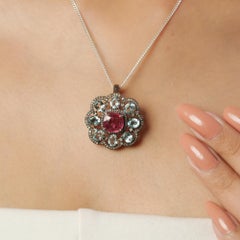 Silvorra Antique-Style Ruby Silver Pendant in Halo Blue Topaz & Diamonds Jewelry